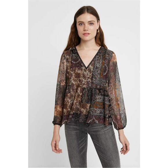 NWT Desigual Multicolor Sheer peplum Blouse - Picture 1 of 12